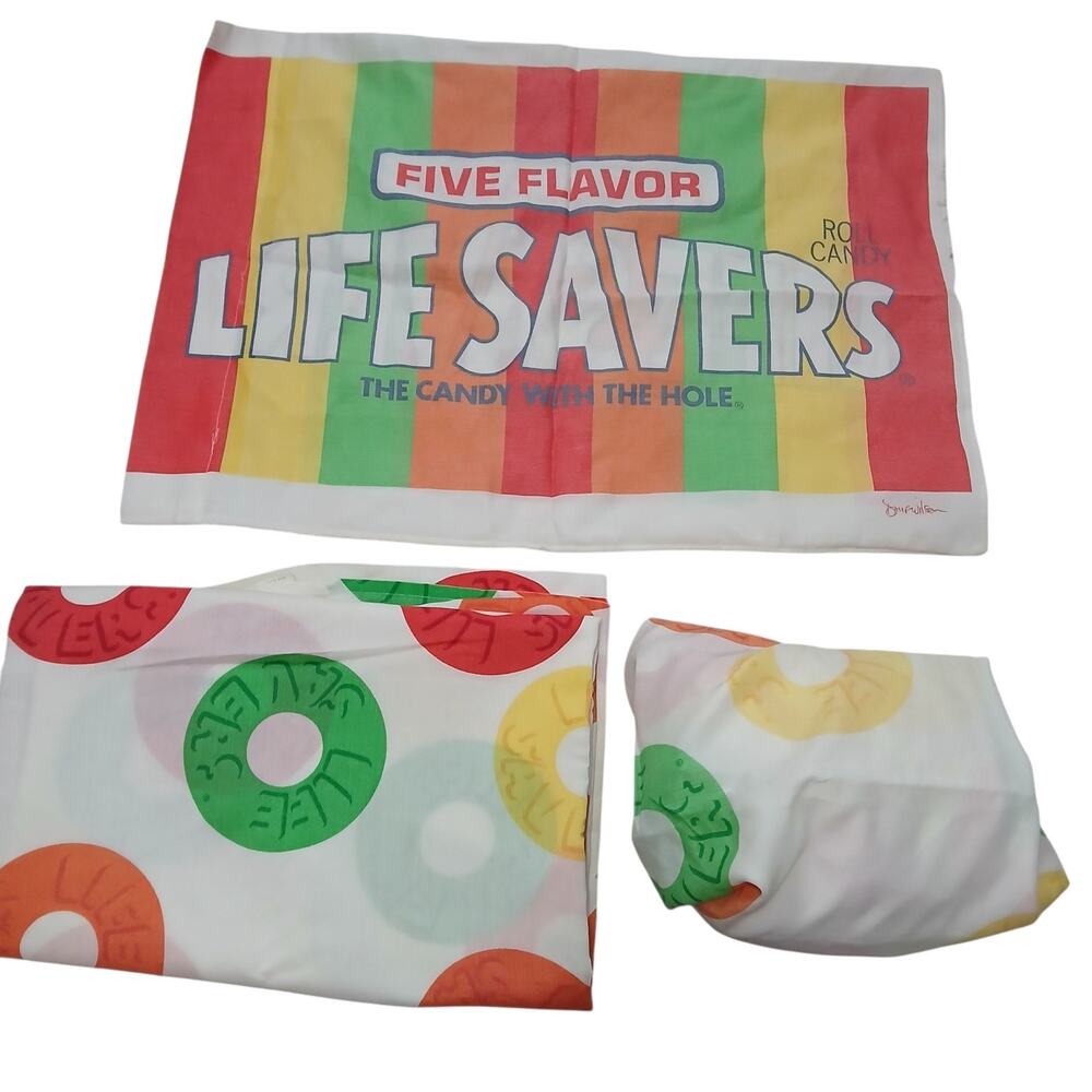 Vintage Life Savers Candy Twin Sheet‎ Set Pillowcase Fitted & Flat Sheet 80s 90s